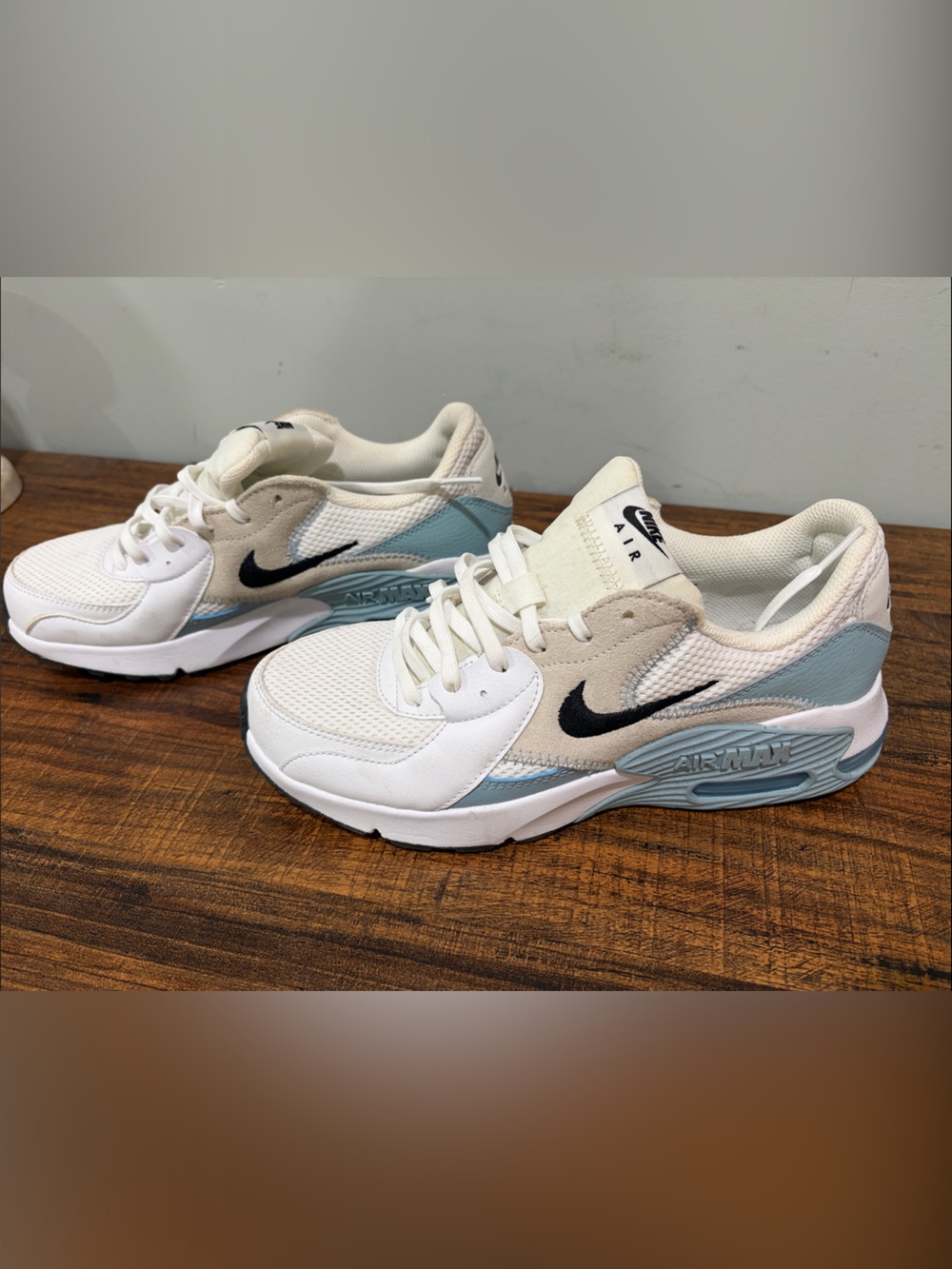Nike Women’s Sneakers - White, Light Blue, Beige with Black Swoosh